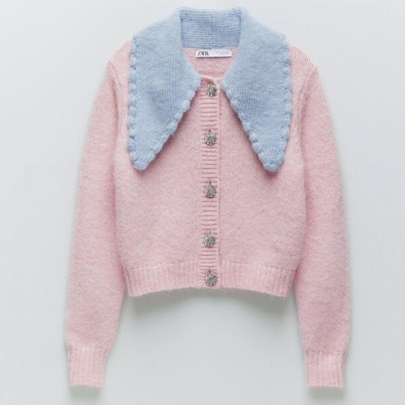 Zara Sweaters - Zara Pink Blue Blogger Favorite Jewel Rhinestone Button Knit Cardigan Size M NWT